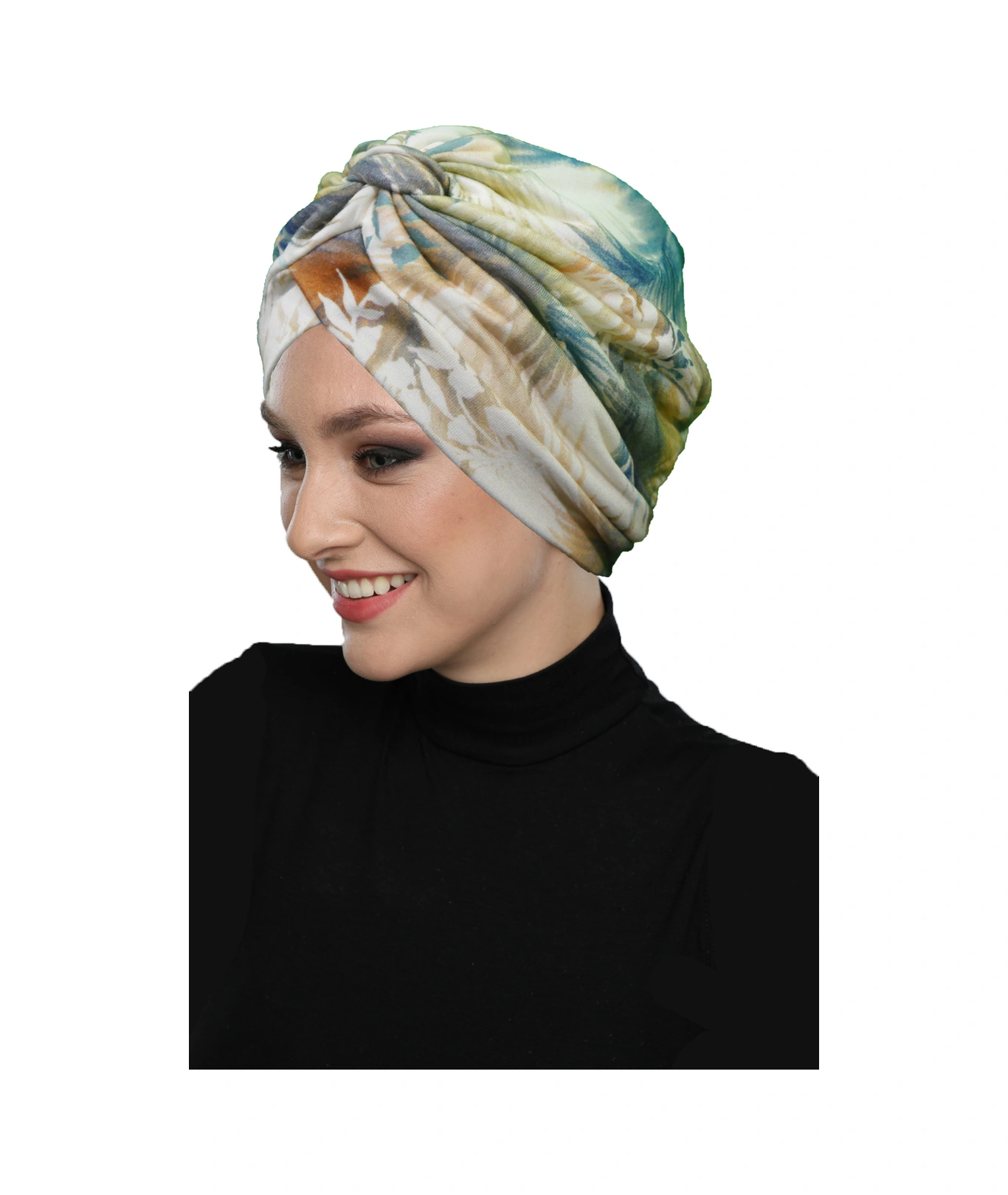 Mira Model Renkli Desenli Çapraz Ve Bant Detaylı Astarlı Hazır Türban Tesettür Havuz Bonesi Bej