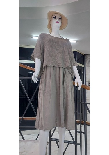 İtalyan Müslin Keteni Üstü File Bluzlu Astarlı Tek Parça Elbise Vizon
