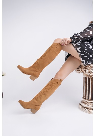 Muggo Rodeo Dikiş Detaylı Kalın Topuklu Kovboy Kadın Çizme TABA SÜET