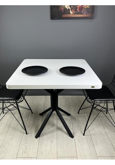 Roma Beyaz Mutfak Yemek Masası Balkon Masası Kavisli Köşe Metal Siyah Ayak 80 Cm
