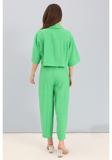 Takım Nakış Detaylı Viskon Gömlek Pantolon - Yeşil-yeşil Yeşil