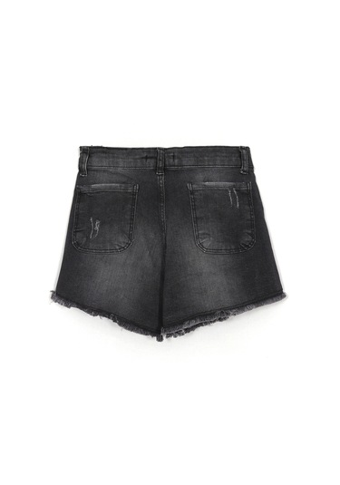 Cep Ve Düğme Detaylı Siyah Renk Kız Çocuk Eskitme Paça Kot Şort 001-0002056 Siyah