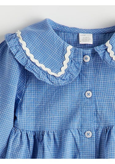 Meral Collection Mavi Nakışlı Bebe Yaka Kareli Kız Bebek Elbise Mavi