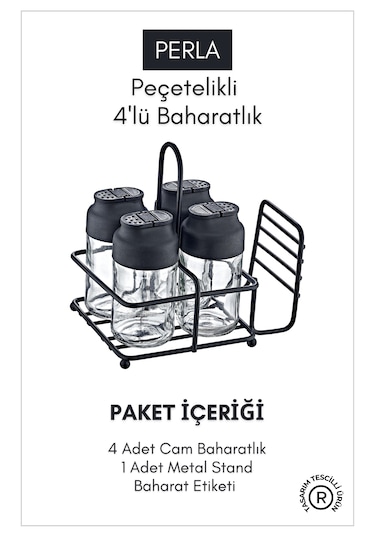 Perla Metal Standlı Peçetelikli 4'lü Çift Kapaklı Cam Baharatlık
