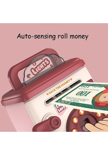 Tongxida Çocuklar Çok İşlevli Kendiliğinden Yuvarlanan Madeni Para Kumbarası Karikatür Kasa, Renk: Pembe - Şifre Parmak İzi, F