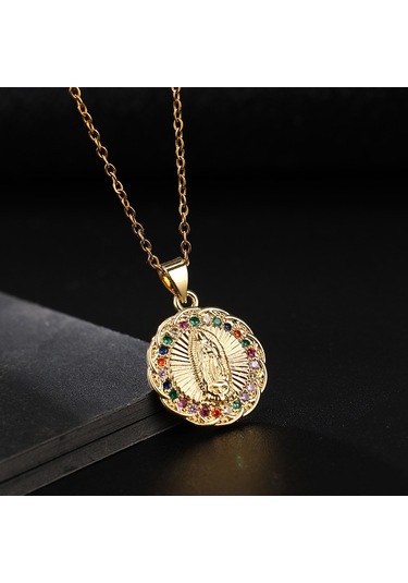 Dini Bakır Mikro Mıhlanmış Renkli Zirkon Taşlı Pandantif, Kadın Takısı, Katolik Meryem Ana Kolyesi Ben... Altın