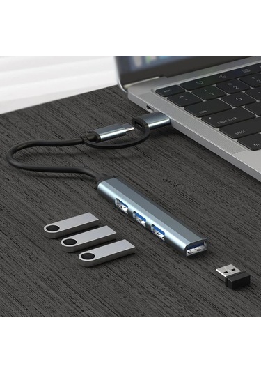 2'si 1 Arada Usb 3.0 Hub, 4 Port Type-c Usb 3.0 Hub, Macbook Uyumlu