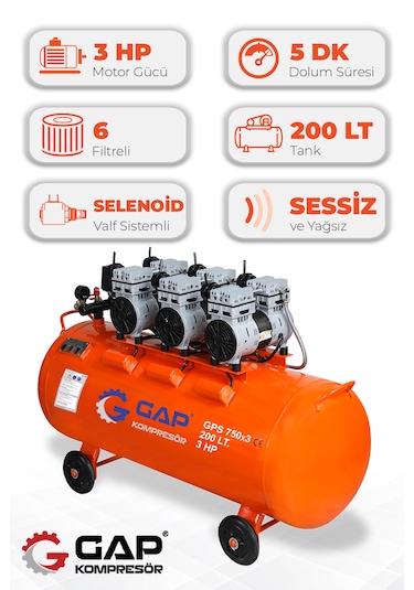 Gap Kompresör Gps 750x3/200 Hava Kompresörü Sessiz Ve Yağsız 200L