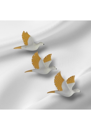 Dekoratif Üçlü Kumru Kuş Duvar Dekoru Süs Sarı Renk 3 Lü Set