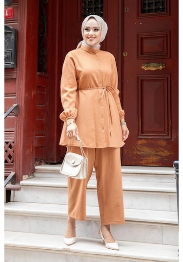 Hakim Yaka Detaylı Tesettür Camel Takım Camel