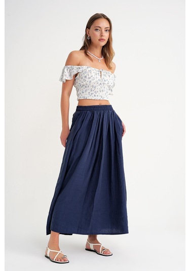 4612 Kadın Yandan Cepli Pileli Bol Etek Lacivert Lacivert