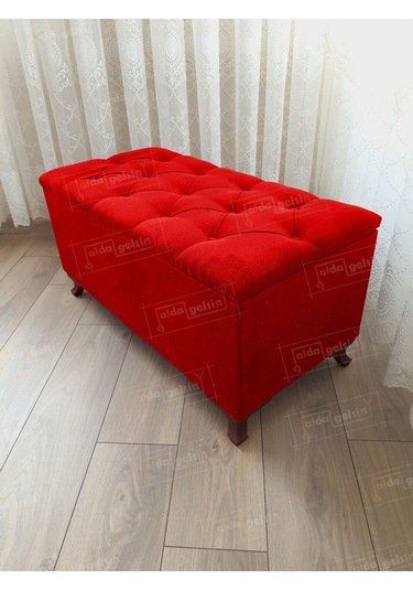 Lüks Sandıklı Kapitoneli Ayakucu Puf Bench 100 Cm Ceviz Ayak Kırmızı