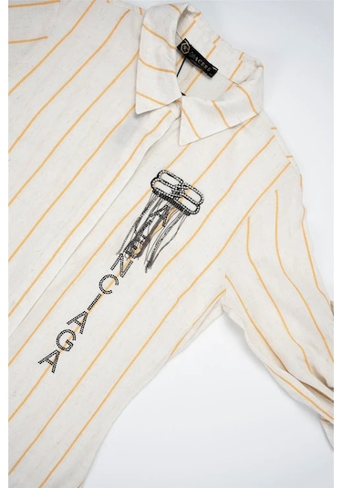 Kadın Krem Balenciaga Turuncu Çizgili Keten Elbise Turuncu