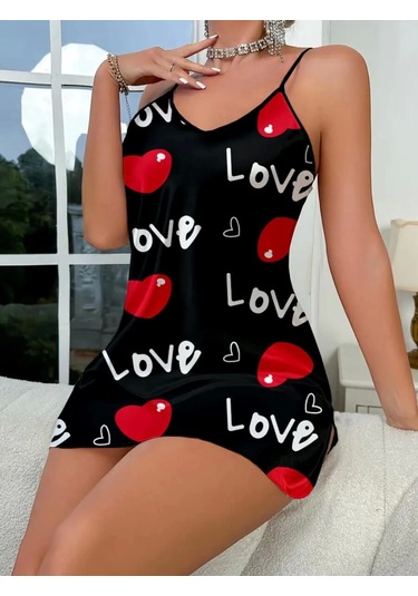 Love Desenli Siyah Saten Gecelik Siyah