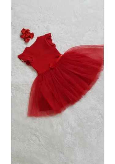 Kız Çocuk Kırmızı Pamuklu Kısa Kol Özel Gün Doğum Günü Yılbaşı Abiye Hediye Günlük Prenses Elbise Kırmızı