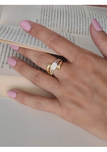 Üçlü Çapraz Zirkon Taşlı Model Ayarlanabilir Gold Altın Renkli Yüzük Gold