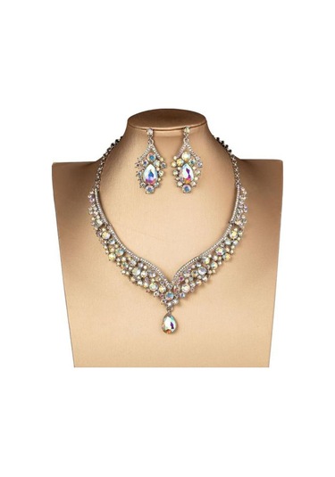 Yeşil 1 Takım Gelin Küpe Kolye Su Damlası Şeklinde Rhinestones Takı Geometrik Ayarlanabilir Takı Seti Düğün İçin Yeşil