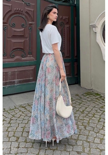Madmext Ekru Çiçek Desenli Vintage Şifon Maxi Etek Mg2776