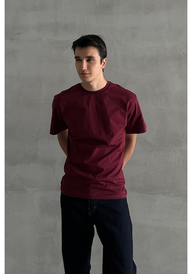 Hyman Erkek %100 Pamuk Oversize Basic T-shirt Bordo