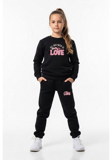 Düz Yuvarlak Yaka Lowe Yazı Baskılı Kız Çocuk Eşofman Takımı Siyah