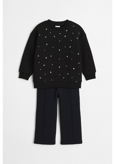 Kız Çocuk Siyah 3 İplik Şardonlu Takım Yıldız Desenli Sweatshirt & Rahat Eşofman Altı Siyah