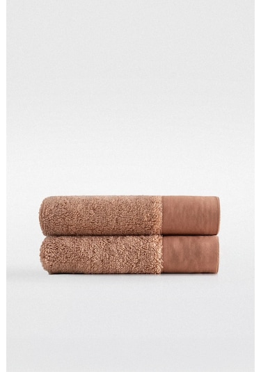 Ecocotton Pure Cotton Kahverengi Bez Bordürlü %100 Organik Pamuk 2'li El Havlusu Seti - 30 50 Cm Kahverengi