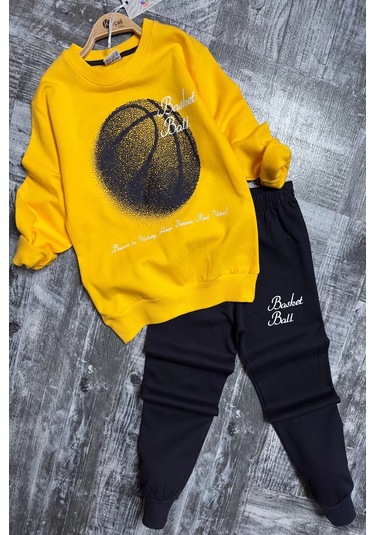 Basketball Yazı Desenli Sarı Renk Erkek Çocuk Eşofman Takımı Sarı