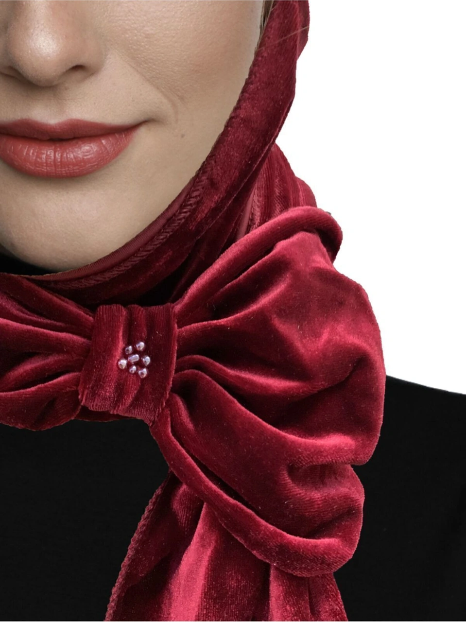 Kadife Şapka Atkılı Toka Detaylı Bordo Hazır Türban Tesettür Bone Bordo