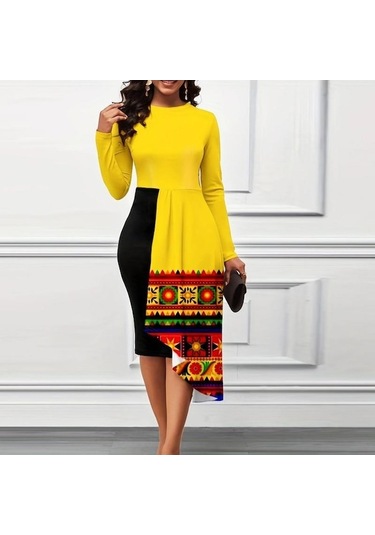 Novahub İlkbahar Ve Sonbahar Kadın Elbise Zarif Yerleşim Paketi Kalça Orta Uzunlukta Düzensiz Ekleme Elbiseler Siyah & Sarı - S Siyah - Sarı