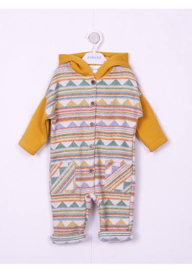 Aydodo Hardal Etnik Desen Kapşonlu Bebe Tulum Hardal
