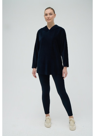 Kadın Uzun Kol Kapüşonlu Kadife Taytlı Lacivert Eşofman Takım C0t2n0o12 001