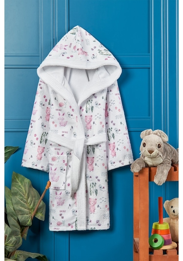 Happy Animals Dijital Baskılı Çocuk Bornozu Pembe - Beyaz