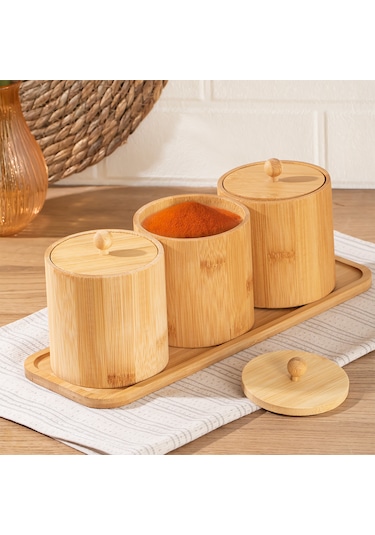 Porsima Pbt-604 Bambu Çok Amaçlı Standlı Saklama Kabı Organizer 4 Parça Baharat Seti Bambu