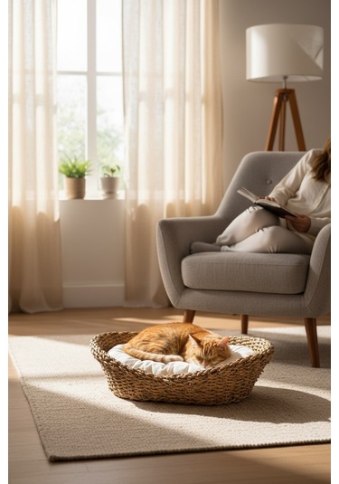 Akayev Nature Hasır Oval Kedi Ve Köpek Yatağı Minderli 53x40x14 Cm