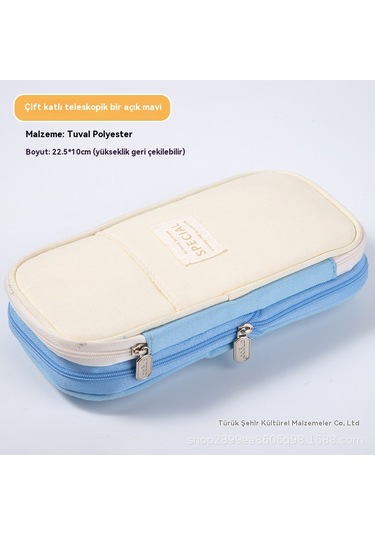 Aurora Kırtasiye Çantasıöğrenciçok Fonksiyonlu Çiftçi Fermuarlı Basit Açık Mavi - Bej