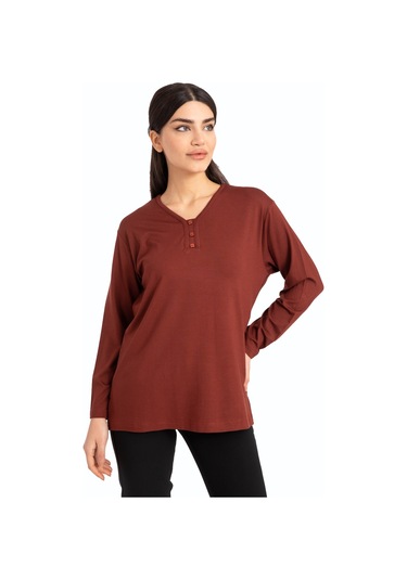 Kadın Orta Yaş ve Üzeri Dört Mevsim V Yaka Rahat Kalıp Likralı Viskoz Anne Penye Bluz 140-Taba