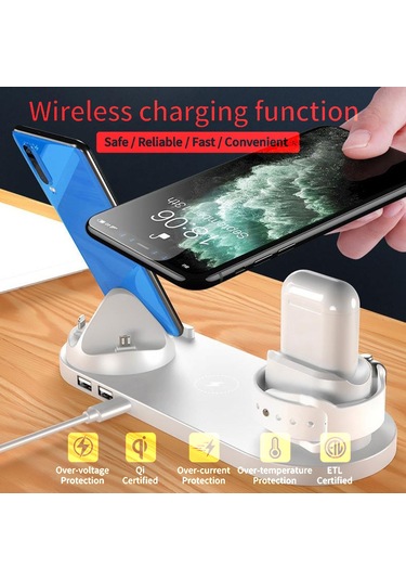 Monyee 15w Qi Hızlı Şarj Desteğiyle 6-1 Kablosuz Şarj İstasyonu, İos/android/iwatch/airpods Uyumlu, Dönebilen Tasarım, Siyah