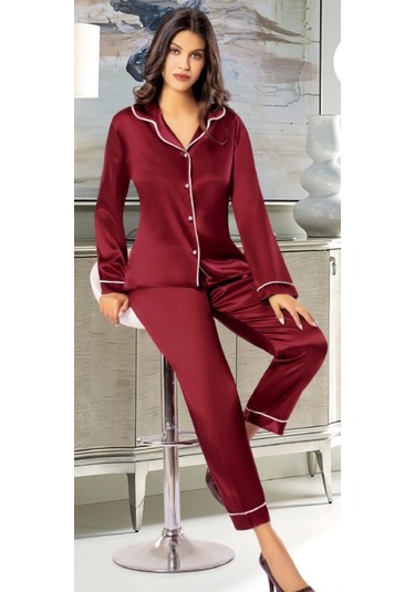 Freshness 2045 Saten Gömlek Yaka Patlı Pijama Takımı Bordo