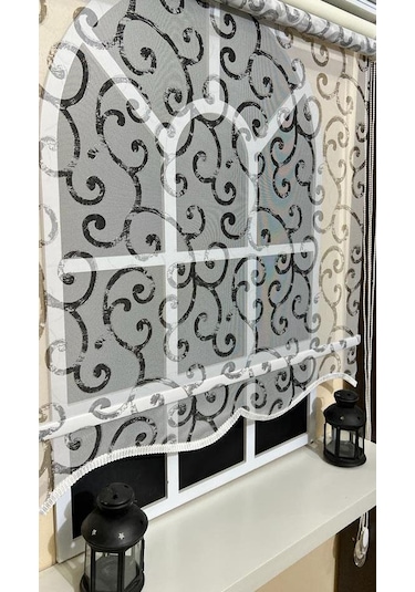 Çift Mekanizmalı Desenli Tül Stor Perde Gri Baskı Stb-108