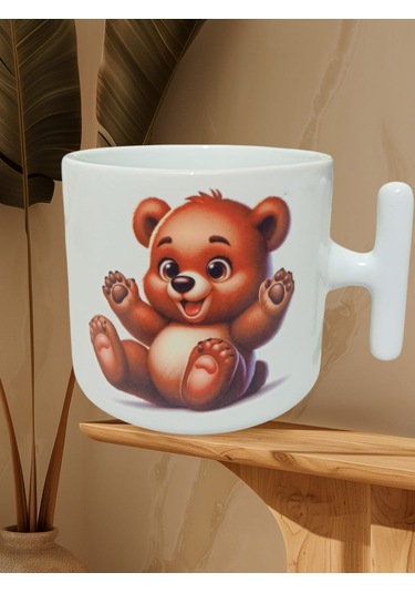 Sevimli Ayıcık Çift Taraf Baskılı T Kupa Bardak Beyaz T