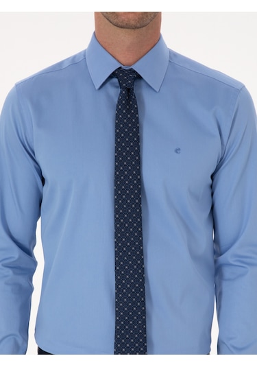 Cacharel Koyu Mavi Slim Fit %100 Pamuk Klasik Gömlek