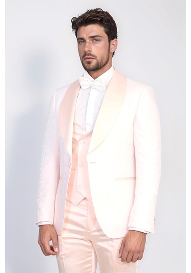 Dalgalı Desenli S Al Yaka Yelekli Toz Pembe Smokin - Wessi Pembe