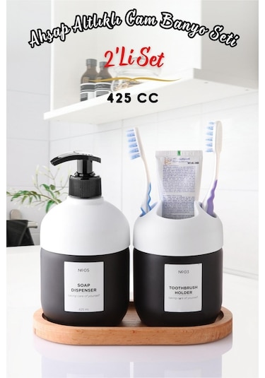 Nandy Home Lüks Ahşap Altlıklı Cam Cool Sabun ve Diş Fırçalık Banyo Seti 2'li Beyaz