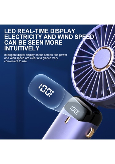 Kosona Mor Mini Usb Şarjlı Fan, 5 Hızlı, Led Ekranlı, 90 Derece Katlanabilir, Telefon Tutucu Ve Askı İp İle