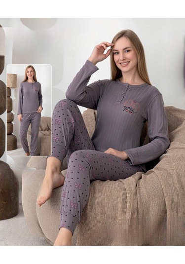Lindros Kadın Pamuk'lu Düğme Yaka Raporlu İnterlok Kışlık Pijama Takımı 0274 - 1 Adet Füme