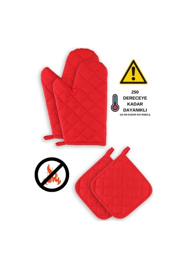 Yanmaz Ve Isıya Dayanıklı Fırın Eldiveni Ve Tutacak 2 Eldiven, 2 Tutacak Kırmızı