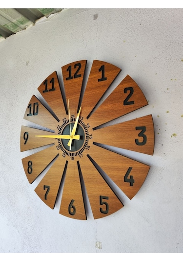 Ahşap Ceviz Mobilya Renk Desenli Hediyelik Sessiz Duvar Saati 50cm