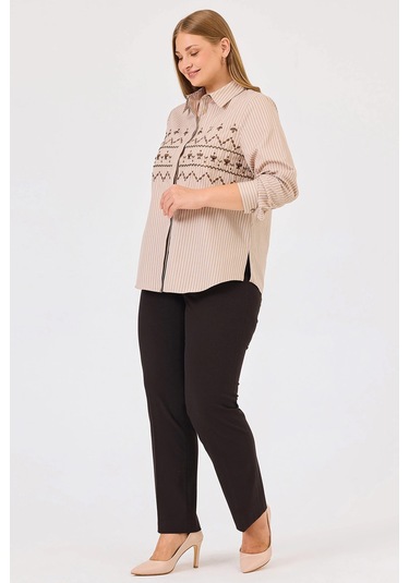 Galaxi Kadın Büyük Beden Çizgili Boncuk Detaylı Gömlek 4008 Vizon Vizon