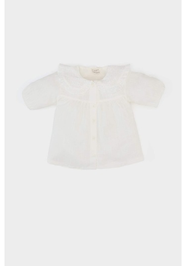 DeFacto Kız Bebek Dantel Yaka Flamlı Poplin Kısa Kollu Gömlek E8379A525SMWT32 Beyaz