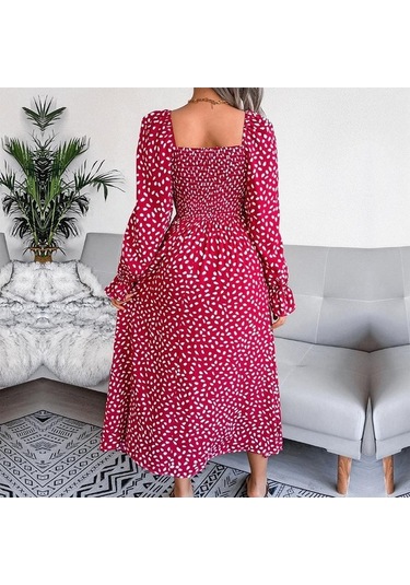 Novahub Sonbahar-kış Kare Yaka Uzun Kollu A-line Pileli Elbise Kırmızı S-xl Kadın Giyim Kırmızı